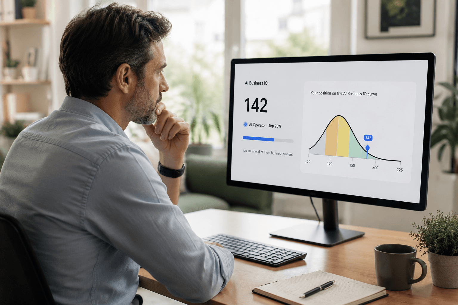 Business owner reviewing an AI Business IQ score dashboard